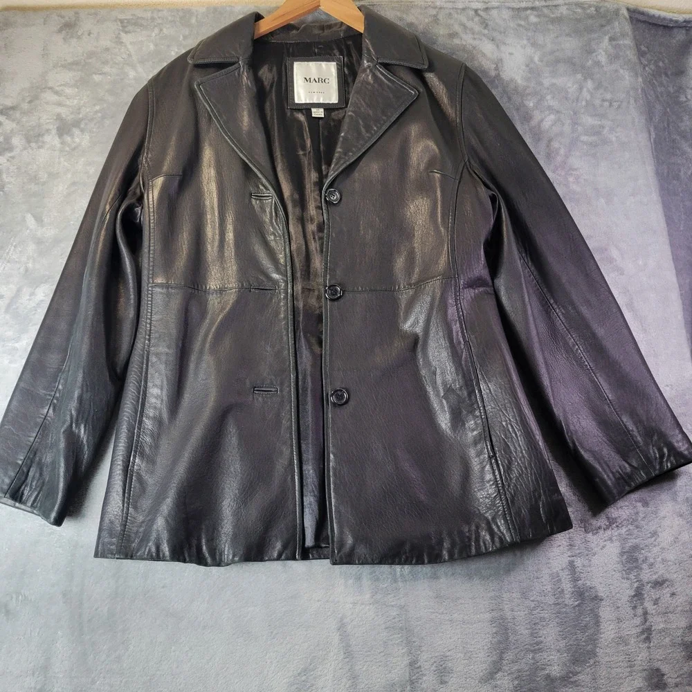 Marc New York Womens Black Lamb Leather‎ Blazer Jacket Size Medium 3 Button Coat